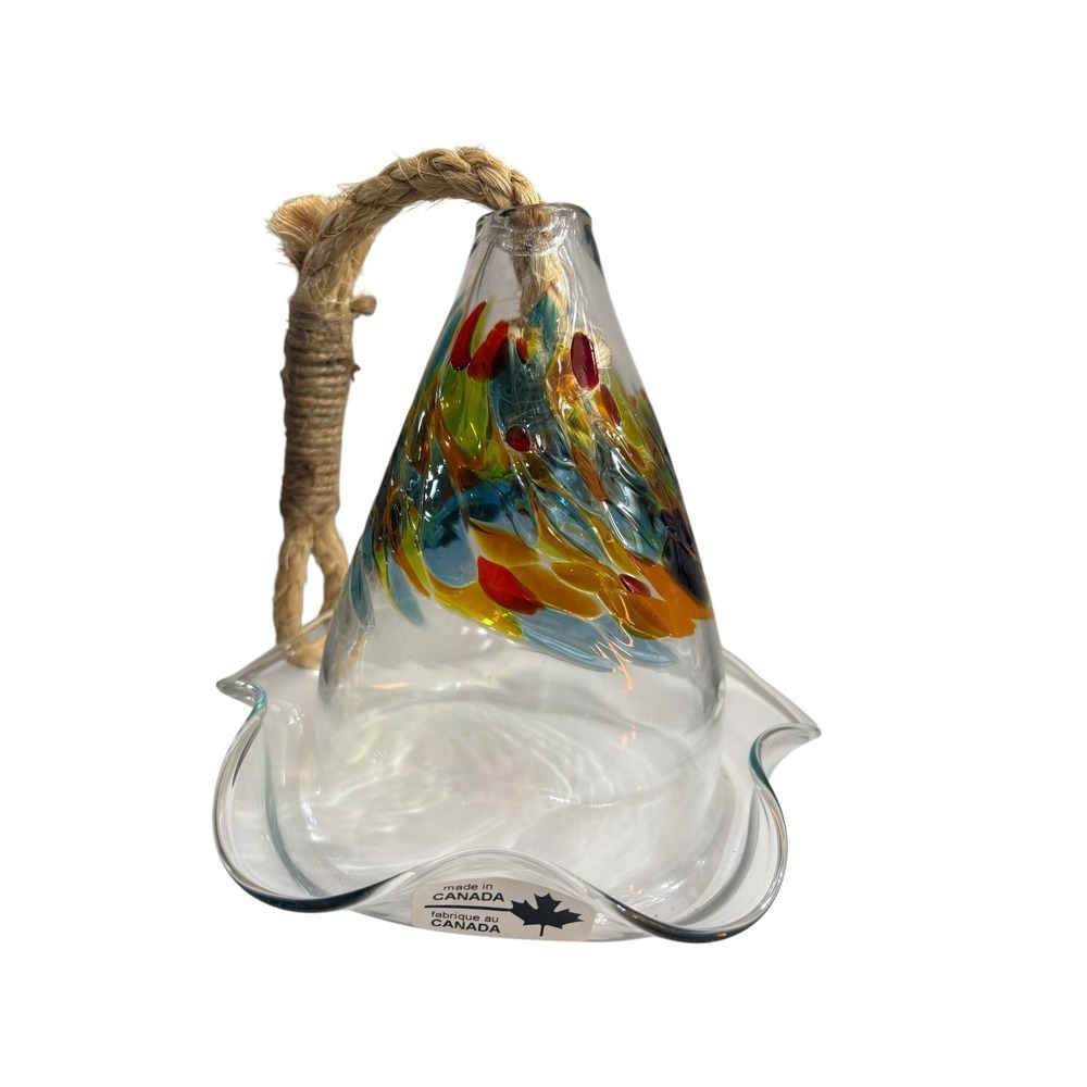 Hand Blown Art Glass Hummingbird Feeder With Rope Hanger Made In Canada